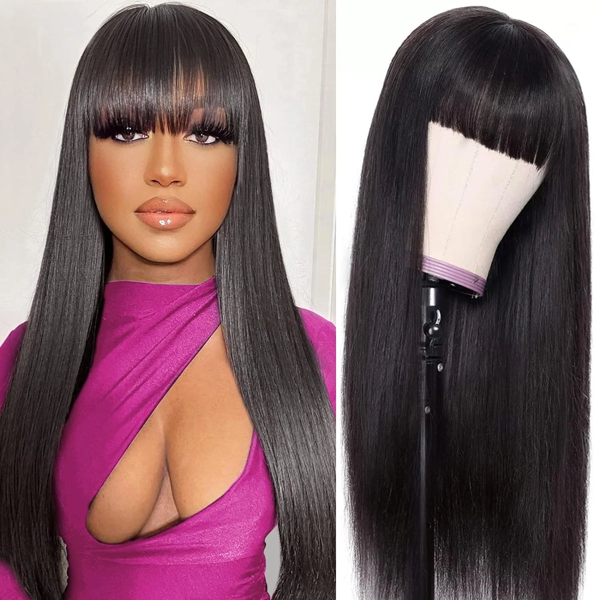 30 36 Inch Straight Human Hair Wig with Bangs Raw Indian Bone Straight Bob 100% Human Hair Fringe Wigs 250 Density For Women