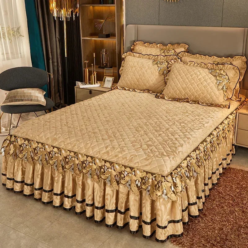 Plush Winter Warm Bedspread on The Bed Thickened Bed Skirt-style Embroidery Cotton Quilt Bedding Cover Pillowcases