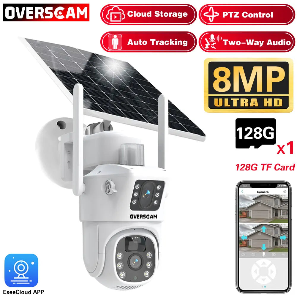 4K 8MP Solar PTZ Camera WIFI Dual Lens Security CCTV Zoom Humanoid Tracking Record Outdoor Wireless Surveillance Cam 128 TF Card