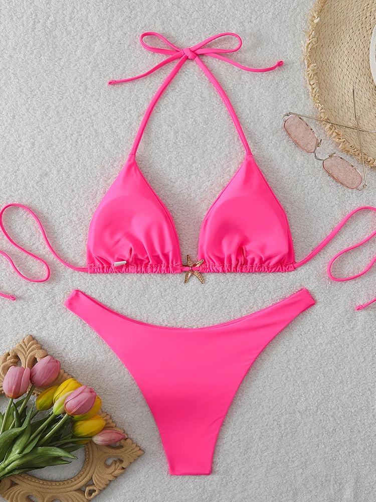 Sexy Bikini Set Solid Swimsuit Women Beachwear 2026 Thong Micro Bikinis Female Swimwear High Cut Neck Bathing Suit Beach Biquini