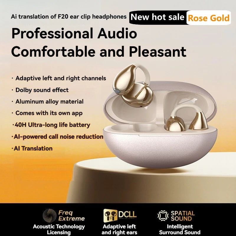 Wireless Bluetooth Earbuds with Ear Clips 6.0 AI Translation Noise Reduction 40H Battery Life IPX6 Waterproof for Sports And Fit