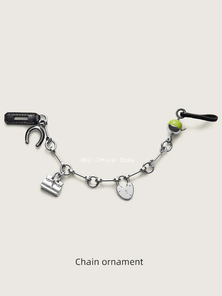 Luxury Metal Spliced Calfskin Bag Charm Silver Chain Pendant For Birkin Kelly Handbag Decor，Fashion Bag Accessory