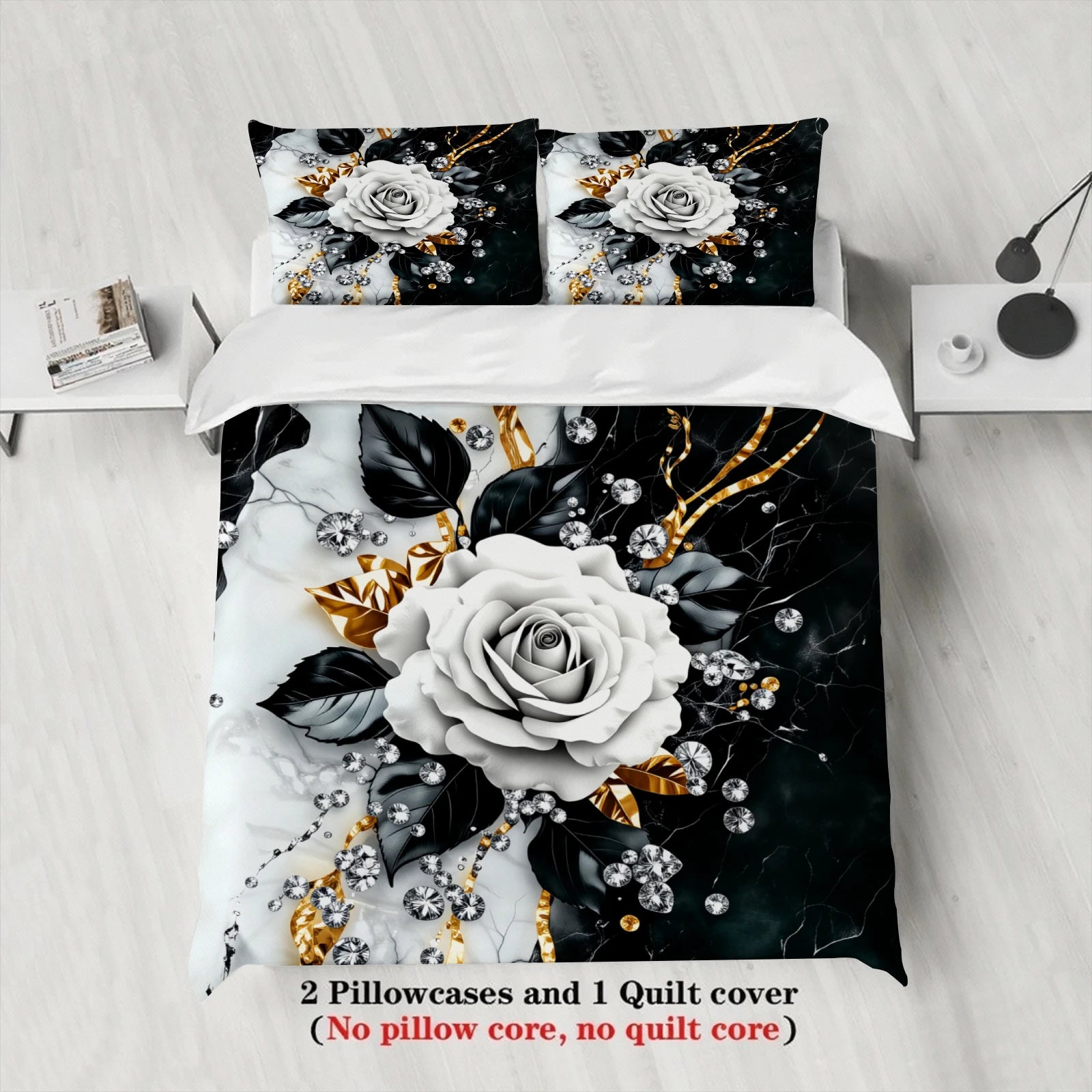 3pcs Rose Flower Bedding Sets 3D Printed Black White Gold Floral Duvet Cover Sets With Pillowcases No Filling Luxury For Women