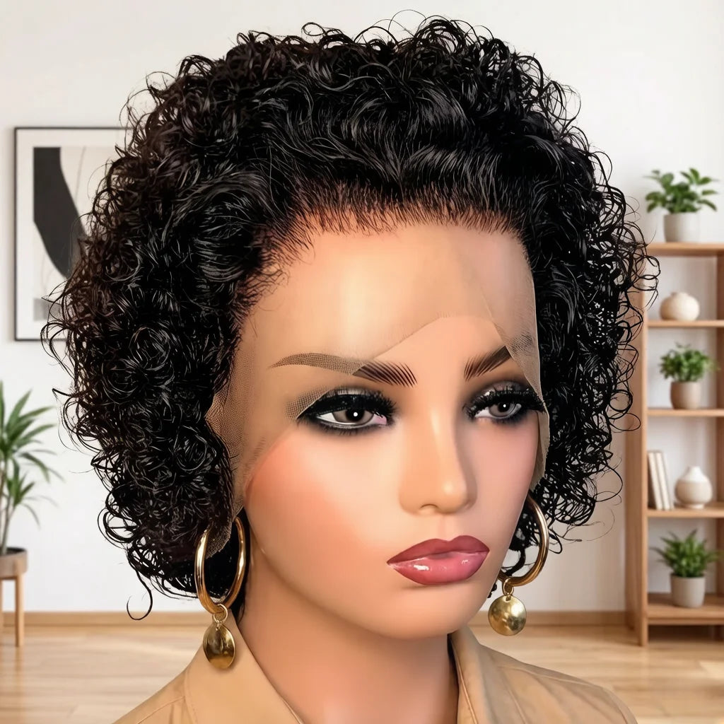 Human Hair Short Curly Wig, 13x1 Lace Front Wig 180% Density, Natural Black Curly Human Hair Wig, Pre-Plucked Hairline Wig