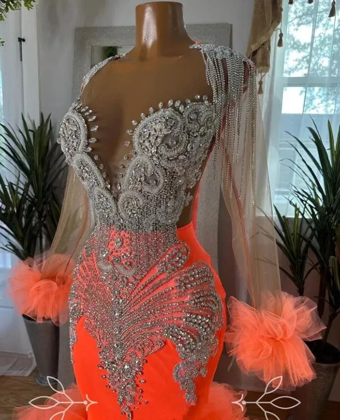 Orange Black Girl Prom Dresses 2024 Luxury Mermaid Rhinestones Beaded Long Sleeves Ruffles Birthday Evening Gala Gown Graduation
