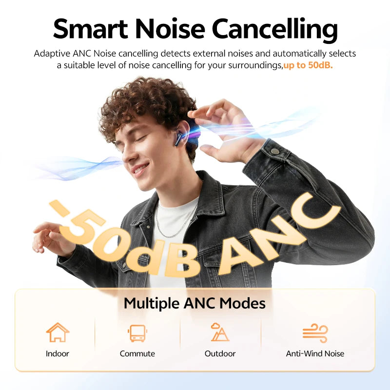 QCY T13 Pro HT23 Adaptive ANC Wireless Earbuds 13mm Drivers Powerful Bass 50dB Hybrid ANC Bluetooth 6.0 Earphones 6 Mics ENC 47H