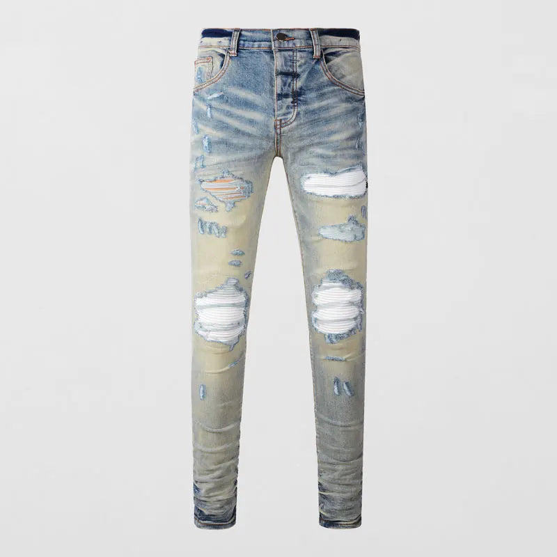 Designer High Street Fashion New Light Blue Men's Jeans Stretch Slimming White Leather Patch Hip Hop Brand Pants HombreY2K