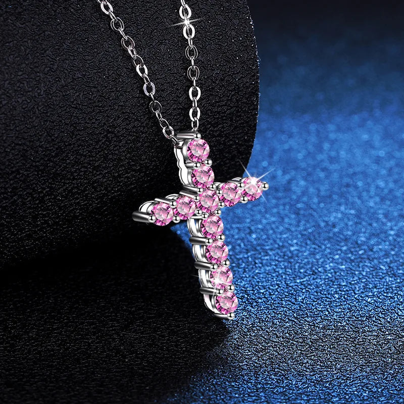 Beautiful Pink/Blue/Green 1.1CT Moissanite Cross Pendant Necklace for Woman Anniversary Solid Platinum PT950 Necklace
