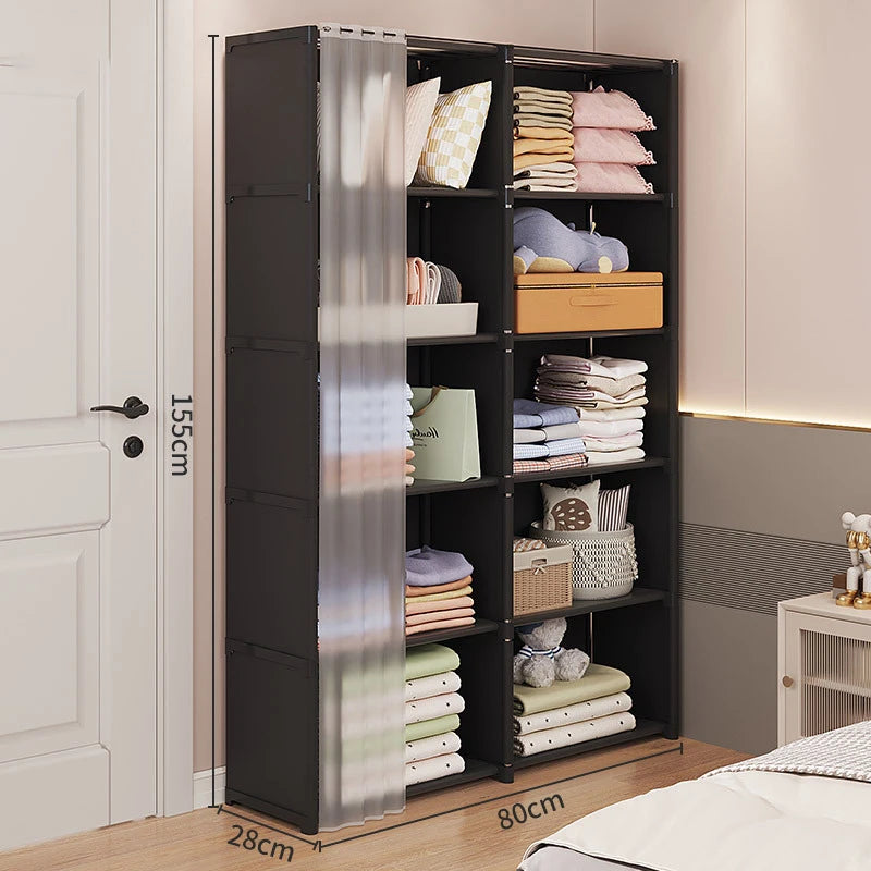 Multi-layer Storage Rack Dustproof Wardrobe Storage Cabinet Multifunctional with Curtains Portable Clothes Organizer Cabinet