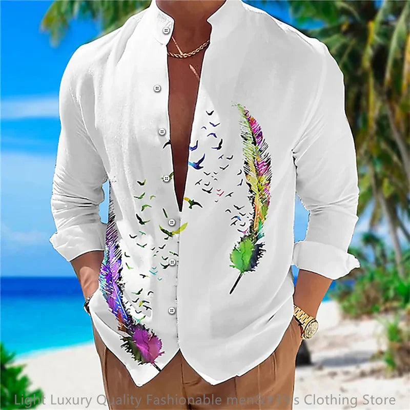 New men's shirt long-sleeved shirt 3D printing flower pattern long-sleeved standing clothing fashion casual XS-6XL soft fabric