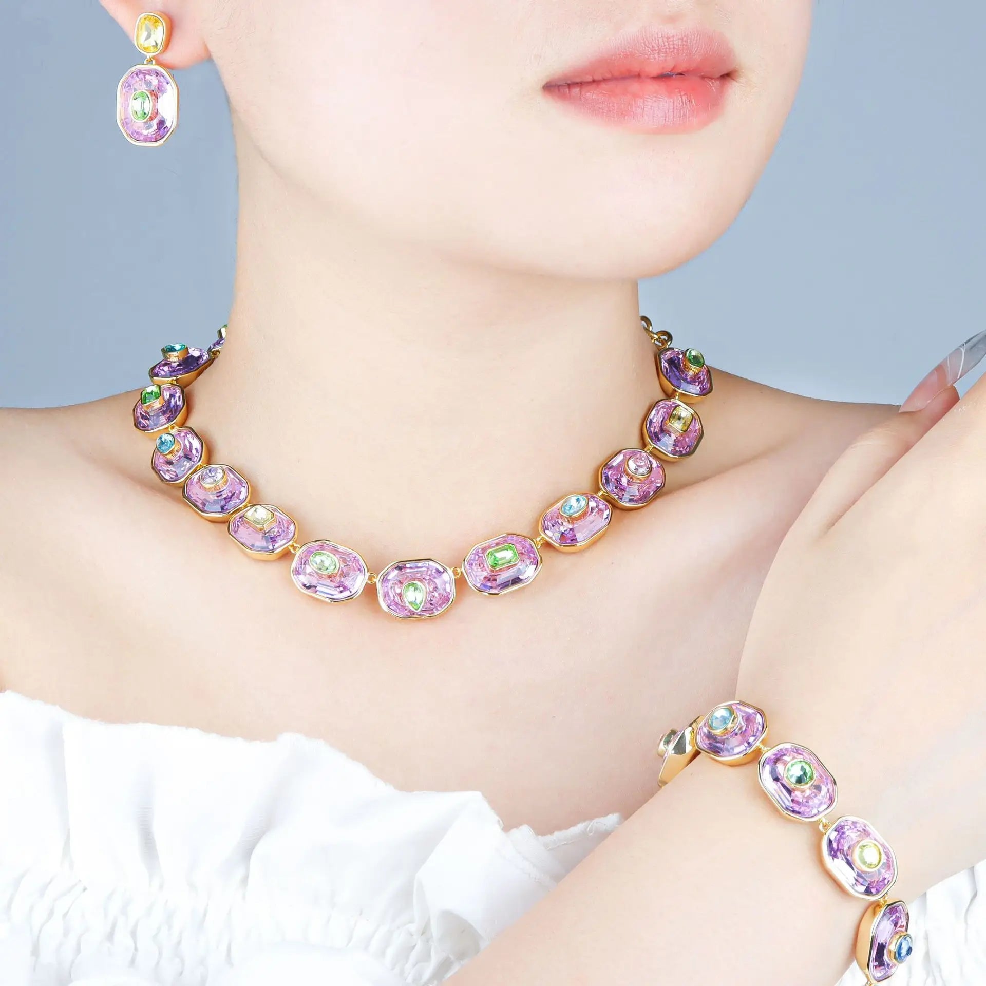 Delicate Crystal Beaded Necklace Earrings Bracelet Gift Set, High-End Fashion Jewelry Collection for Women,work to dinner piece