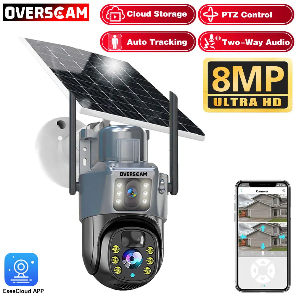 4K 8MP Solar PTZ Camera WIFI Dual Lens Security CCTV Zoom Humanoid Tracking Record Outdoor Wireless Surveillance Cam 128 TF Card