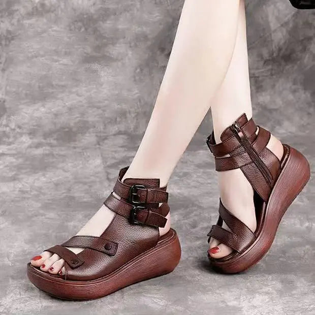 Women's Sandals Summer Mid Heeled Wedges Shoes for Women Retro Leather Gladiator Sandals Platform Rome Sandalias De Mujer