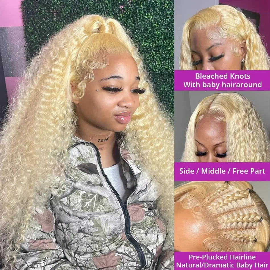 200% 250% Density 613 Blonde Lace Front Wigs Deep Wave Human Hair 13x4 Hd Lace Frontal Wig Pre Plucked Brazilian Ponytail Human Hair Lace Frontal Wig For Women Ready to Wear On Clearance Sale Pre Plucked Wig Party Work