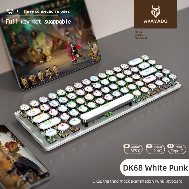 DK68 Punk Mechanical Keyboard Wireless APAYADO Dynamic RGB Lighting,68Keys Bluetooth Tri-Mode Connection,Full-key Hot-Swap