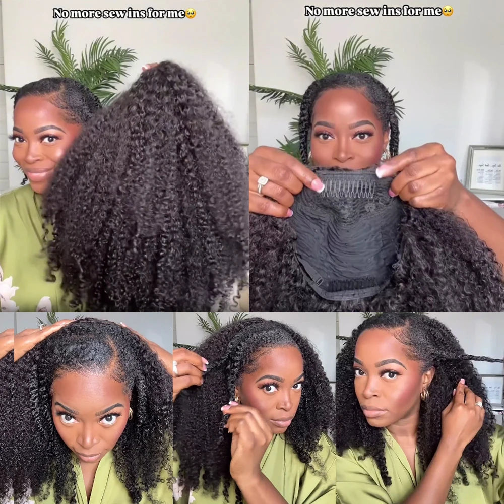 Kinky Curly Human Hair Wigs No Leave Out Glueless Wig Upgrade 3 IN 1 Half Wig With Drawstring Seamless Flip Over No Glue Clip In