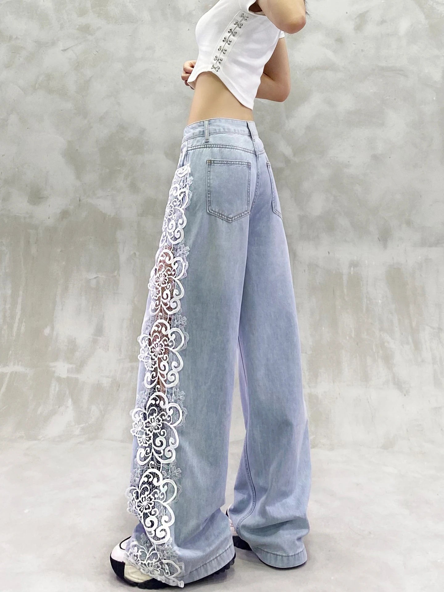 Fashion Light Blue Lace Hollow Splicing Leisure Jeans Women's Summer New High Waist Loose and Versatile Straight Wide-leg Pants