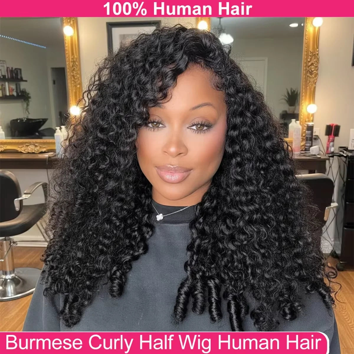 Burmese Curly Half Wig Human Hair Glueless Wig Human Hair Ready to Wear 3 IN 1 Half Wig Burmese Curly Flip Over Wig With Drawstring Seamless Clip Ins