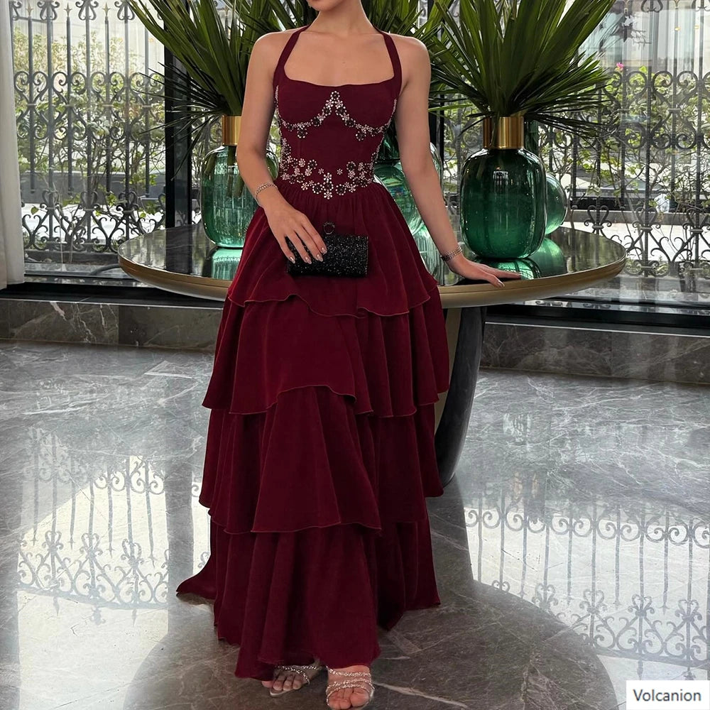 Customized A-line Evening Dresses Floor-length Spaghetti Strap Sleeveless Prom Gown Fashion Crystal Flowers Draped Party Gown
