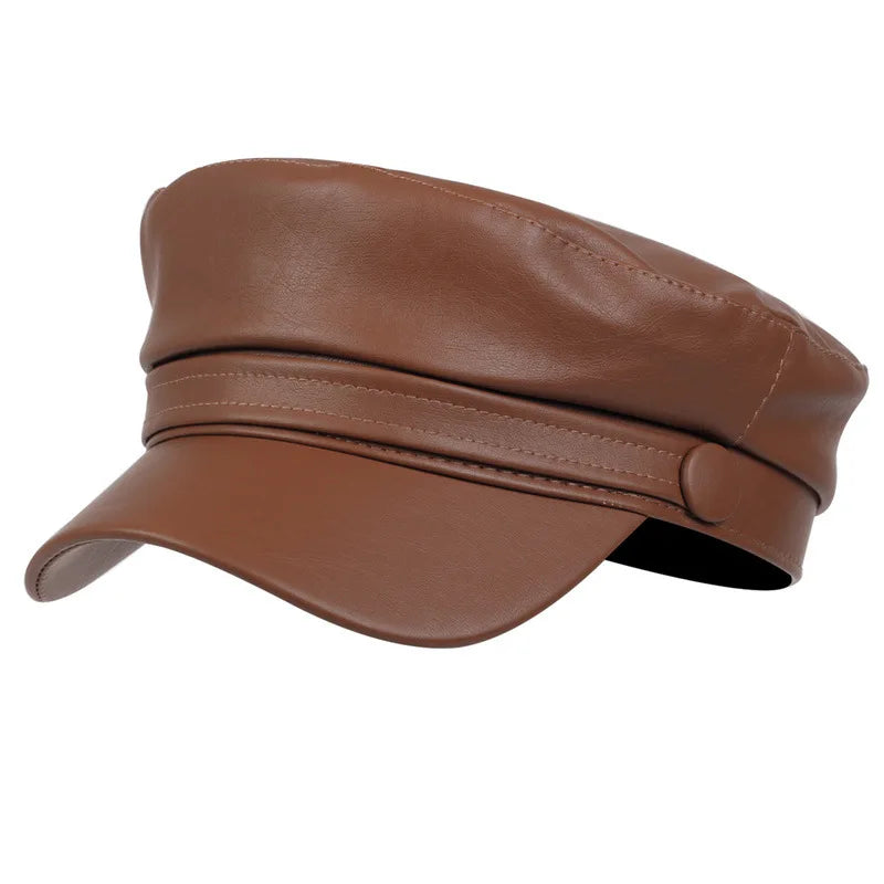 Fashion Unisex PU Leather Military Caps Spring Autumn Sailor Hats for Women Men Black Grey Flat Top Captain Cap Travel Cadet Hat