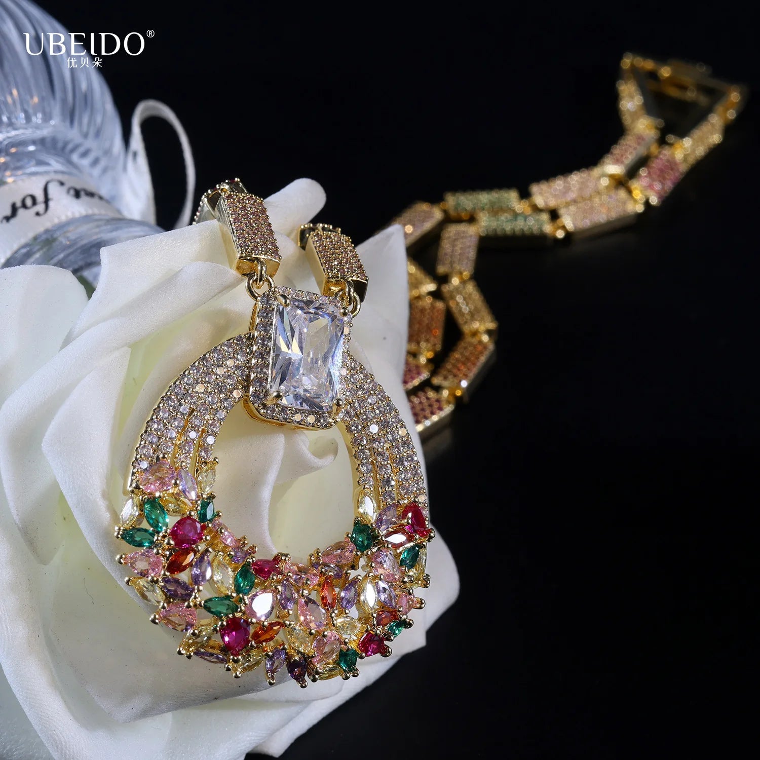 Saudi Arabia Wealthy Style Middle Eastern Bridal Jewelry Set Necklace Earrings with Diamond Zircon Dress