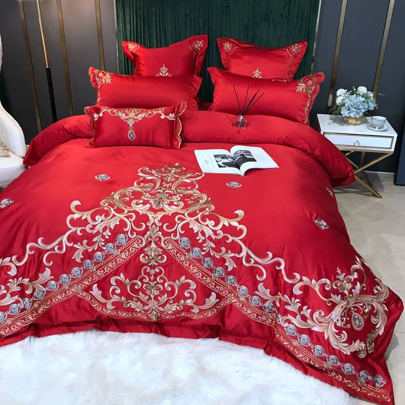 European Style Egyptian 100% Cotton Bedding Set Golden Embroidery Home Textiles Duvet Sheet Pillowcases Set Full King Queen Size