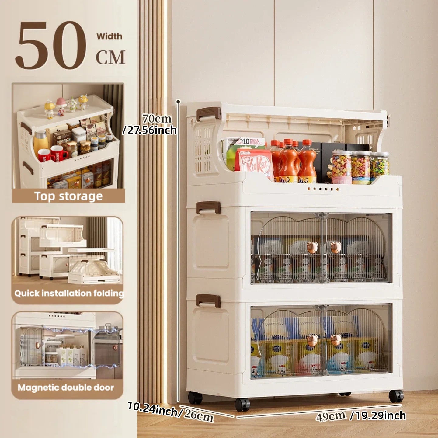Snack storage shelf, large floor cart for the living room, toy organizing folding cabinet, movable household storage box