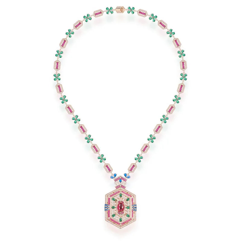 Designer Collection Earrings Necklace Women Lady Inlay Cubic Zircon Synthetic Ruby Rhombus Tassels Pendant Party Jewelry Sets