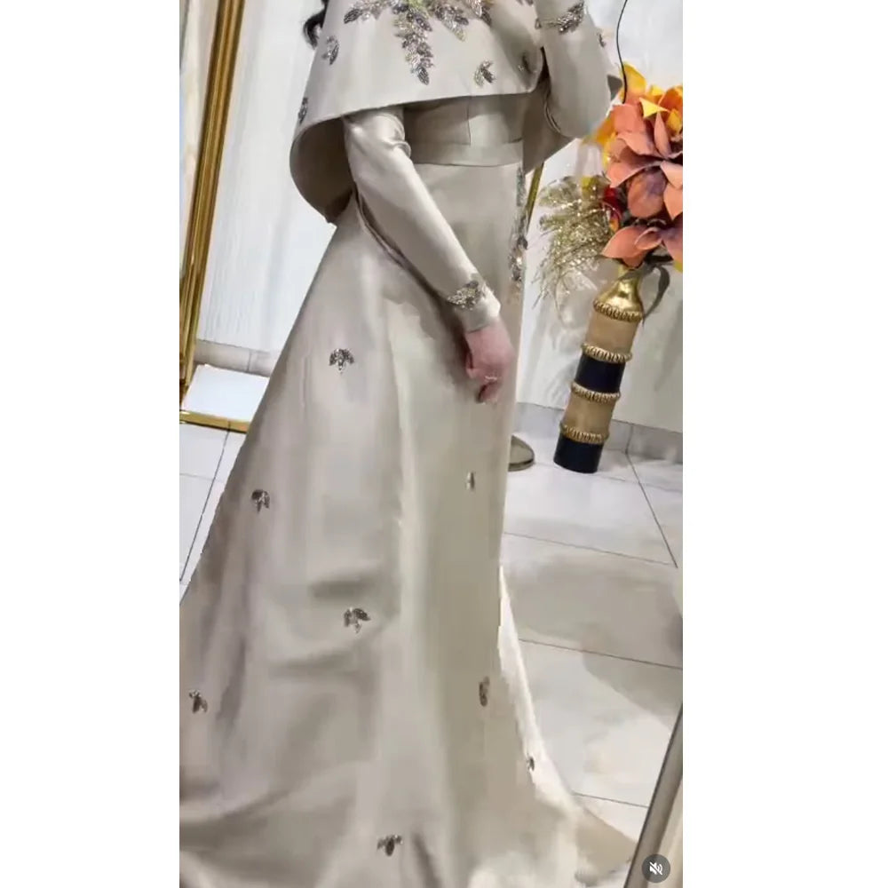Customized A-line Evening Dresses Floor-length High-neck Full Sleeve Prom Gown Fashion Sequined Flowers Simple Draped Party Gown