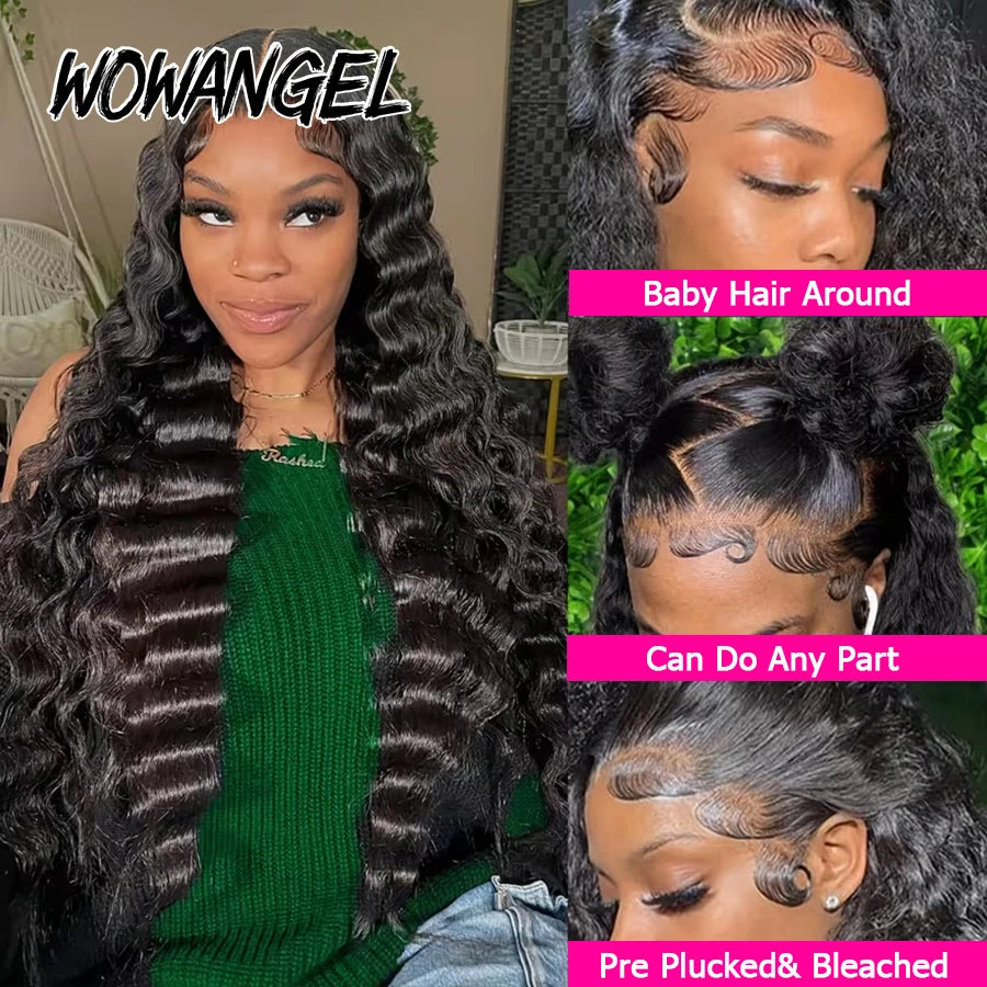 WOWANGEL Deep Wave Human Hair Wigs Pre Plucked 13x6 HD Lace Full Frontal Wigs Pre Bleached For Women 100% Human Hair Curly Wigs