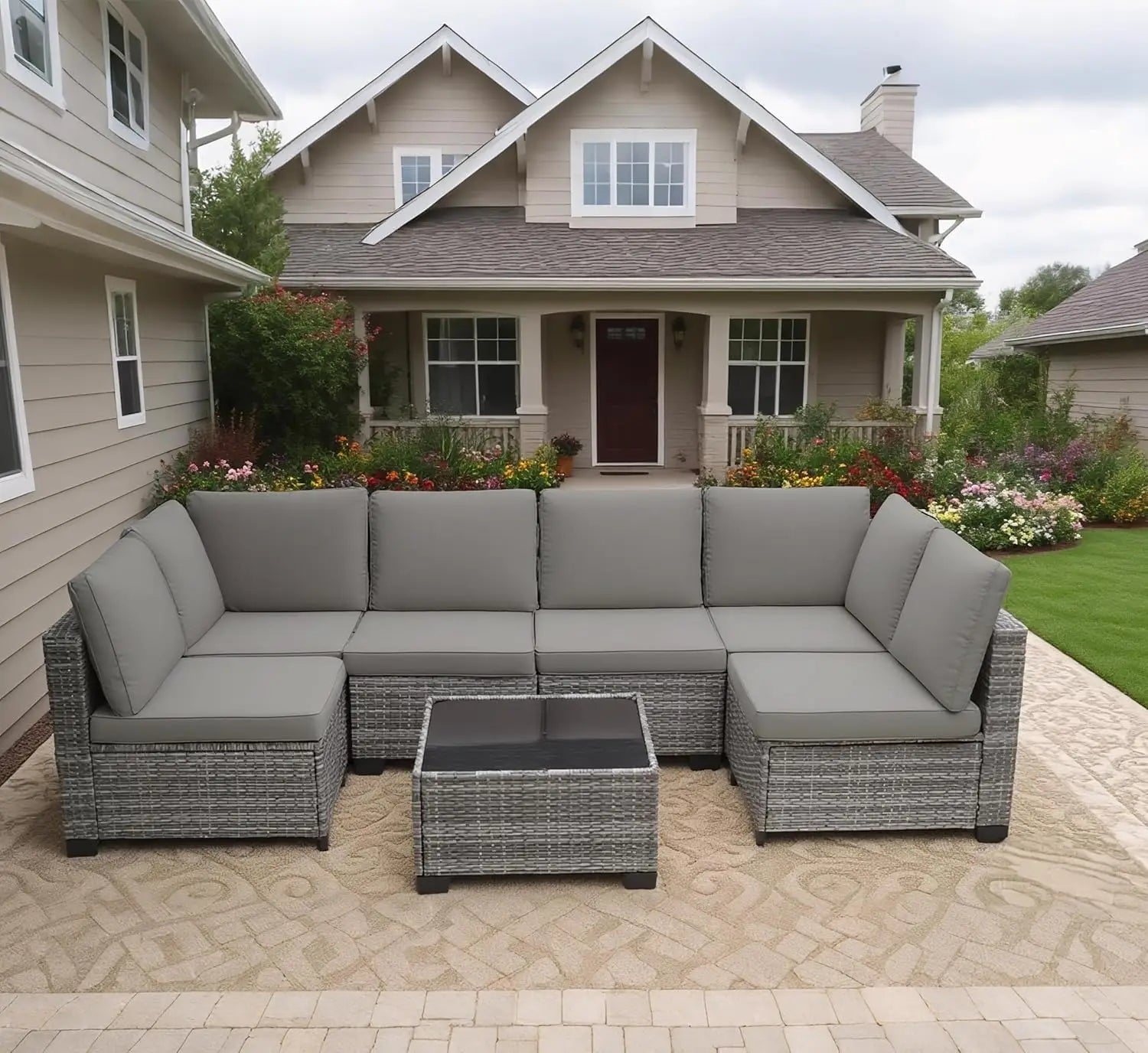 7 Pieces Outdoor Patio Furniture Set, All-Weather Sectional Sofa PE Rattan Wicker with Glass Table & Washable Cushions, Custom
