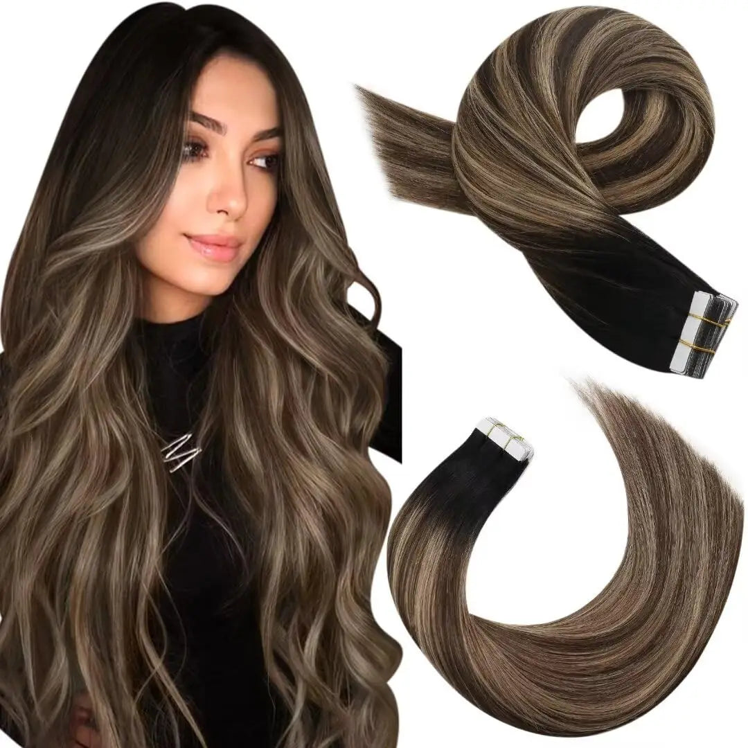Moresoo Tape in Human Hair Extensions Balayage Blonde Hair Remy Hair Natural Soft Skin Weft Straight Seamless Hair Tape in Hair