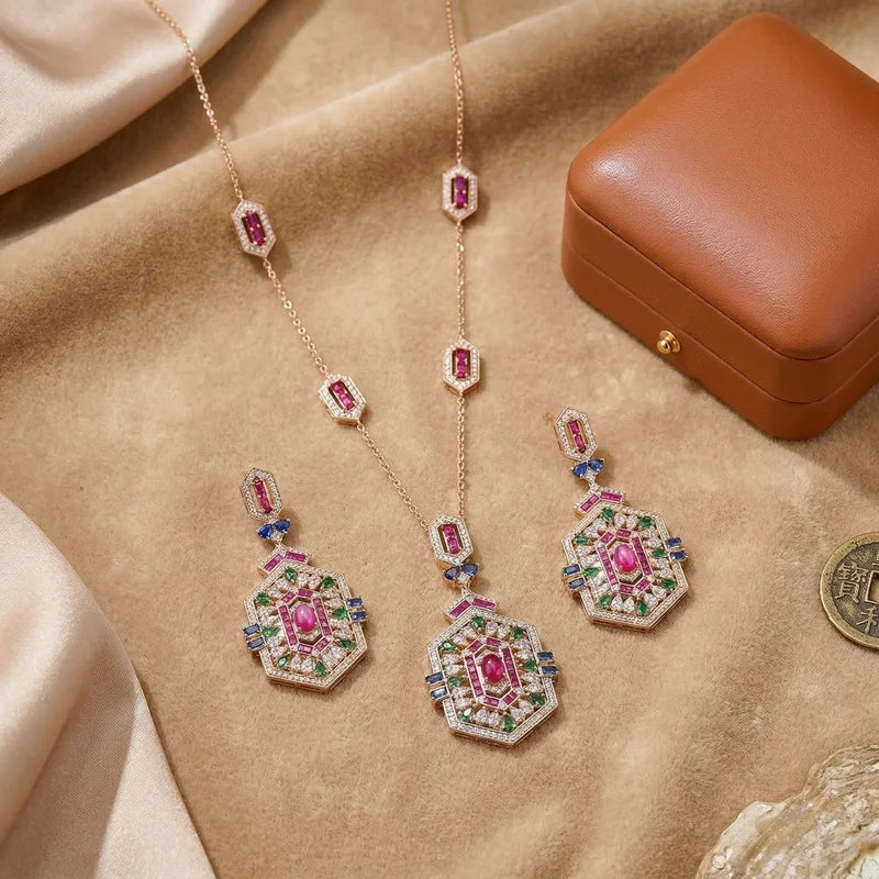 Vintage Style Earrings Necklace Women Lady Inlay Cubic Zircon Synthetic Ruby Rhombus Tassels Pendant Party Jewelry Sets