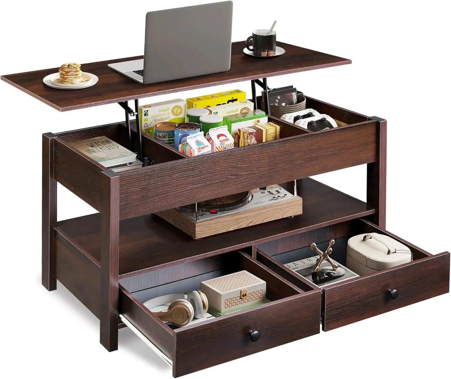 WLIVE Black Lift Top Coffee Table with 2 Drawers LED Light - Large Storage Open Shelf for Living Room Modern Home Furniture