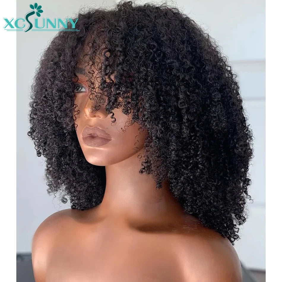 Kinky Curly Human Hair Wigs With Bangs For Black Women Natural Hair Wig Brazilian Machine Made O Scalp Wig