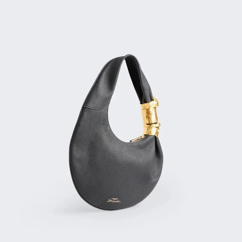 Designer Luxury Soufflé Bag Women Black Grained Leather Face Hardware Half Moon Handbag Fashion Chic Trend High End Shoulder Bag