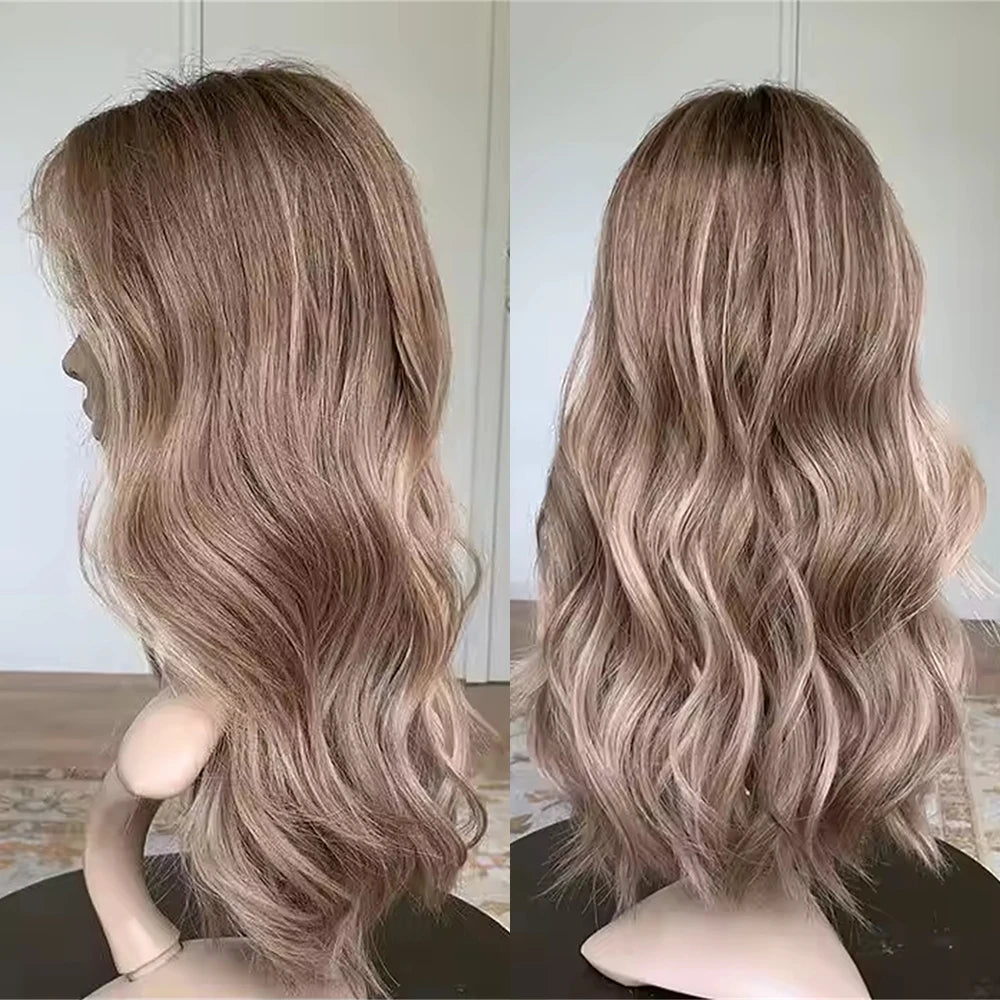 Premium 10% Human Hair Blend Luxury HD Lace Wig Dark Blonde Balayage Synthetic Invisible Lace Front Wig for Women with Hair Loss