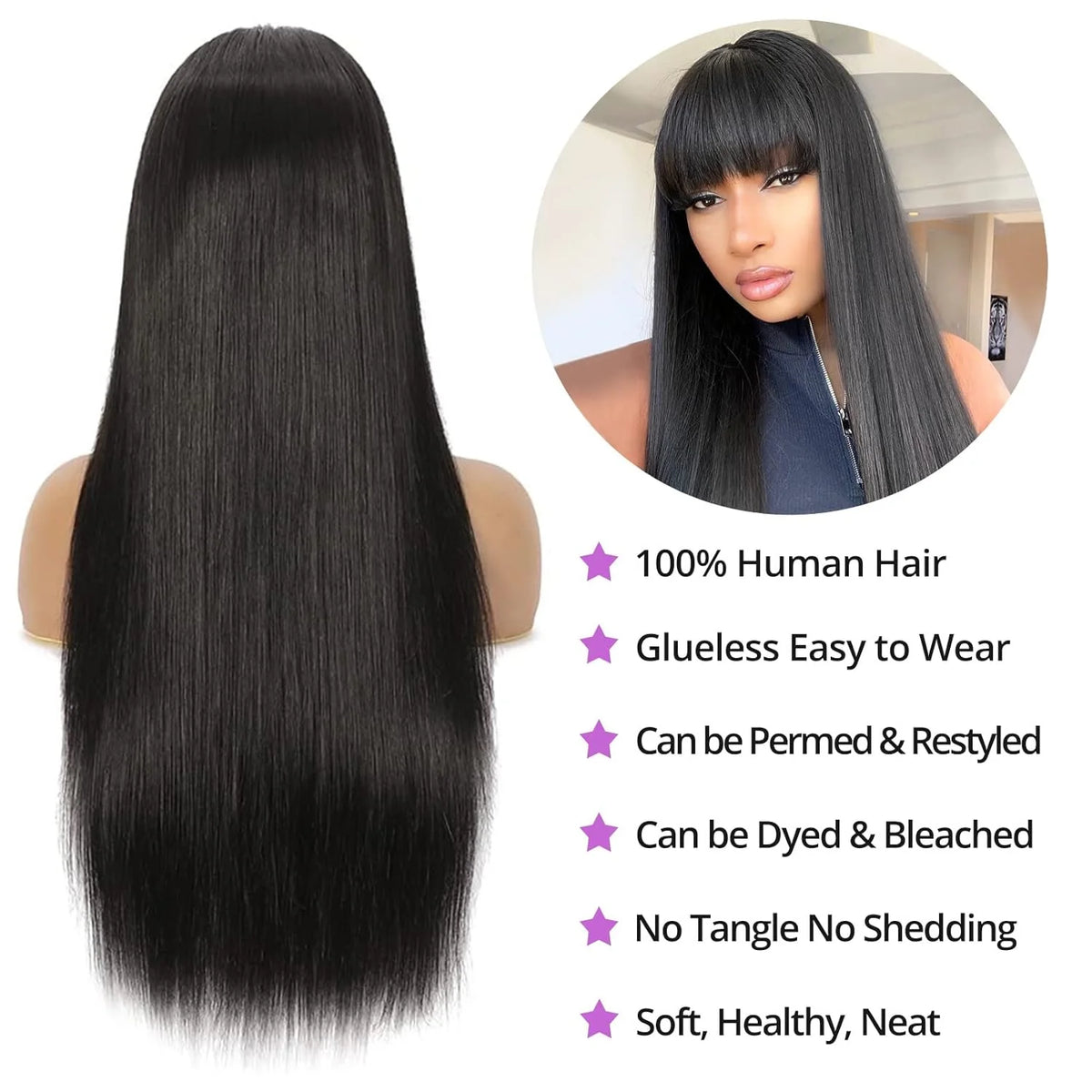 30 36 Inch Straight Human Hair Wig with Bangs Raw Indian Bone Straight Bob 100% Human Hair Fringe Wigs 250 Density For Women