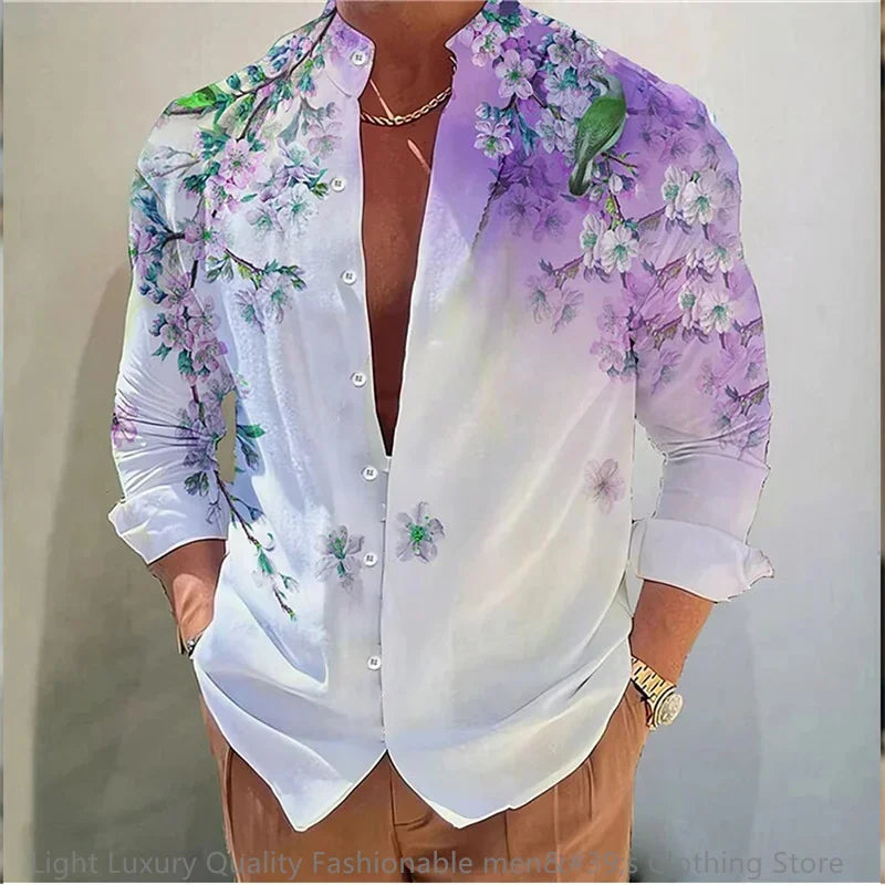 New men's shirt long-sleeved shirt 3D printing flower pattern long-sleeved standing clothing fashion casual XS-6XL soft fabric