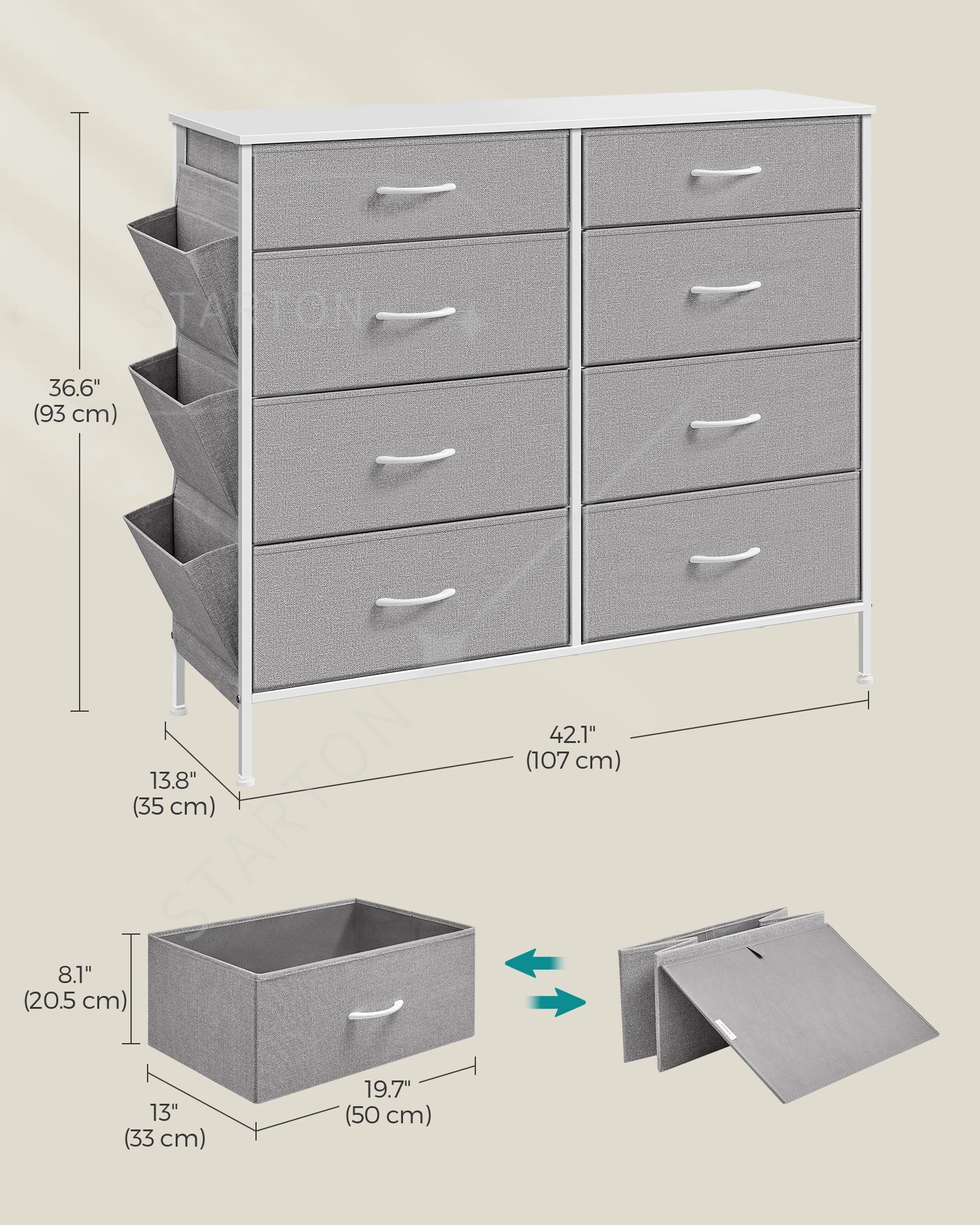 Storage Organiser Unit for Living Room Hallway 8 Fabric Drawers with Side Pockets Chest of Drawers for Bedroom