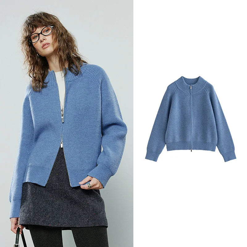 TOYOUTH Women Sweaters 2025 Winter New Zip Half-High Collar Vintage Light Sporty Soft Polar Fleece Cardigan Jacket
