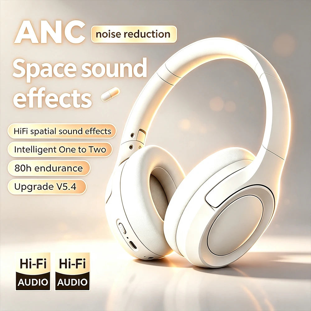 Bluetooth5.4ANC Headphones Over Ear Wireless Noise Cancelling Headset HiFi Sound 80H Endurance Foldable Design for Daily Commute
