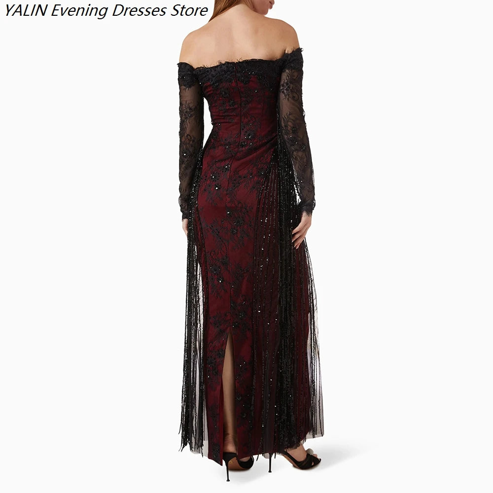 Women's A-line Evening Dresses Ankle-length Off The Shoulder Full Sleeve Prom Dresses Fashion Lace Sequined Customized Gowns