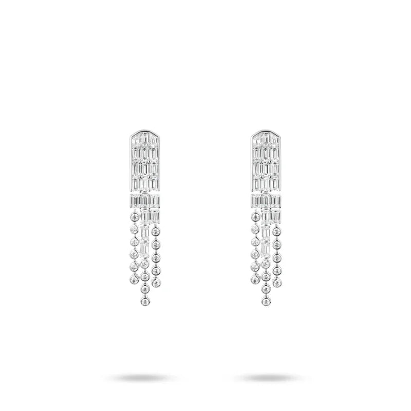 Bellux 925 Silver Synthetic Zircon White Emerald Cut Gemstone Small Round Diamond Tassel Long Earrings for Women