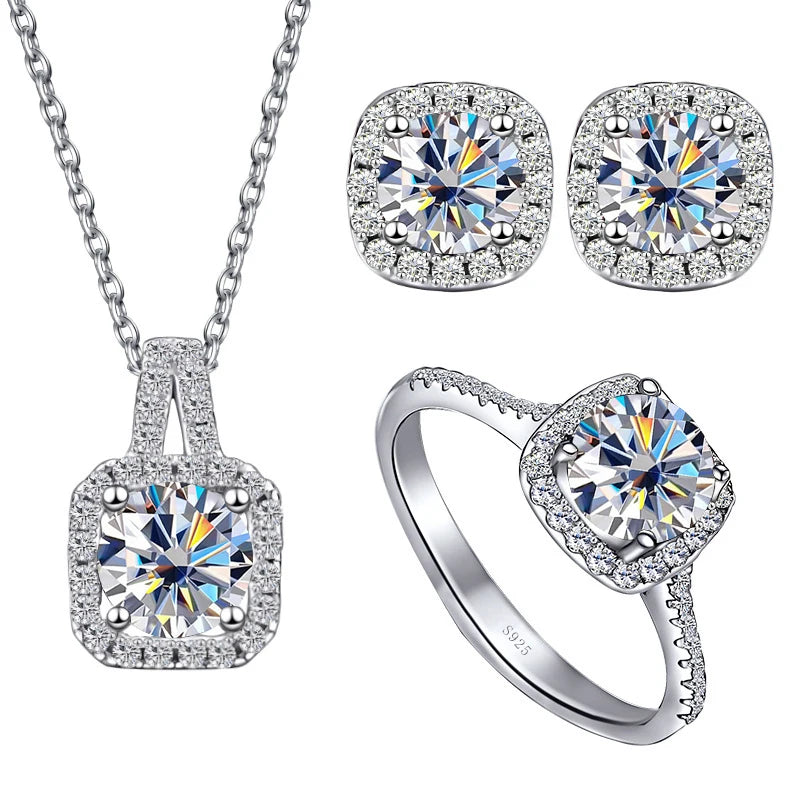 JoyceJelly S925 Sterling Silver jewelry for women 1 carat moissanite diamond 3 pieces set necklace ring earrings wedding party