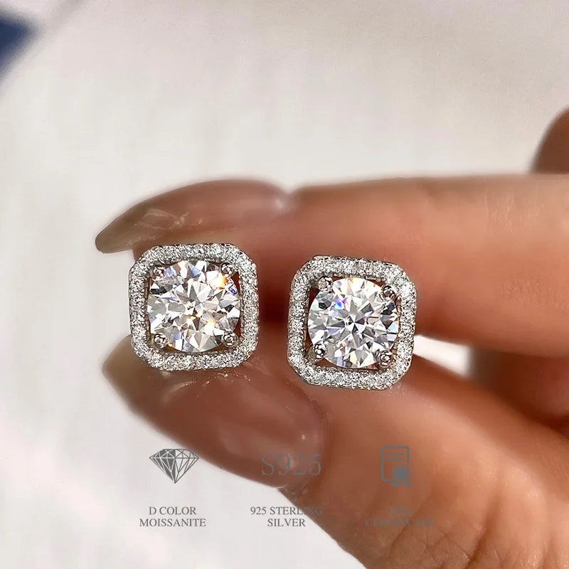Real Moissanite Square Stud Earrings 0.5ct 1ct D Color VVS1 Pure 925 Sterling Silver for Women Wedding Fine Jewelry