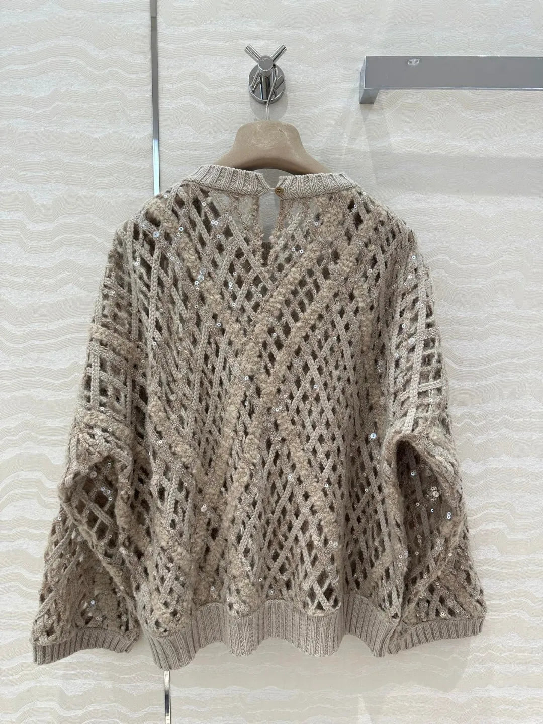 Naizaiga 100 Cashmere O-Neck Hollow out Sequins Reglan Sleeve White Brown Women Sweaters Pullovers NHPL2