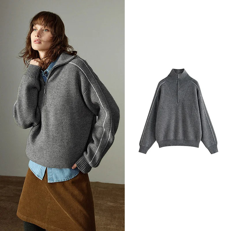 TOYOUTH Women Sweaters 2025 Winter New Zip High Collar Retro Sporty Arctic Fleece Warm Tops