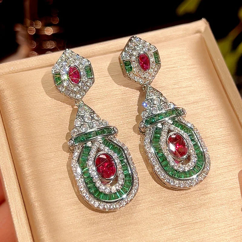 Luxury 18K Solid Platinum PT950 certifid new true red corundum palace style high-end earrings for women