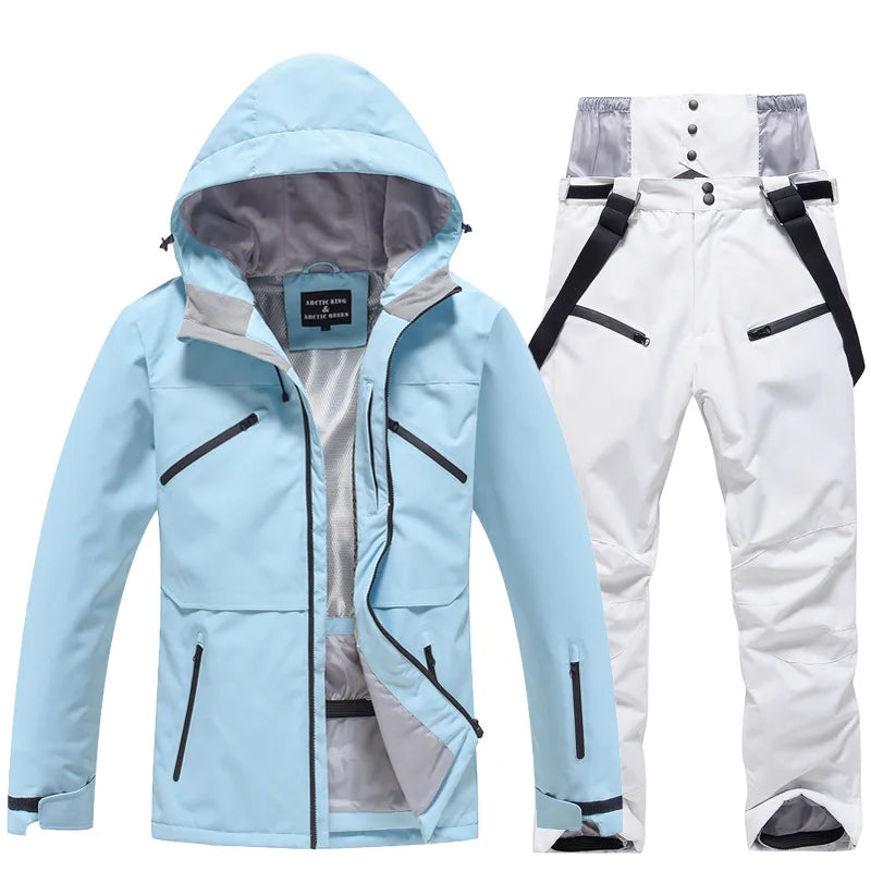 NEW Fashion Men Women Winter Ski Suit Windproof Waterproof Snowboard Jacket and Pants Snow Clothes Female Skiwear Pure White